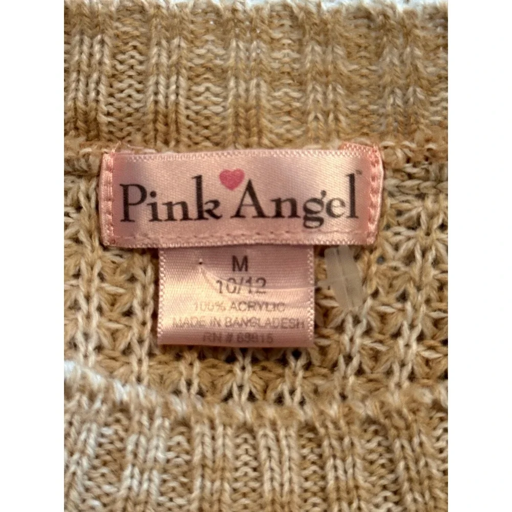 Pink Angel Girls Tan Beige Open Knit Crew Neck Sweater Size M 10/12 High Low Hem